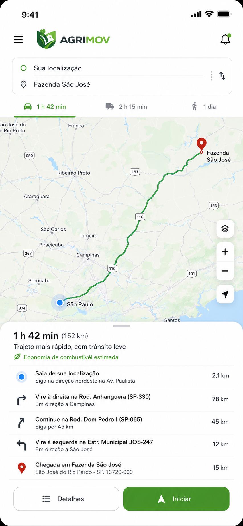 App Agrimov mostrando um mapa offline pronto pra uso na cabine do caminhão