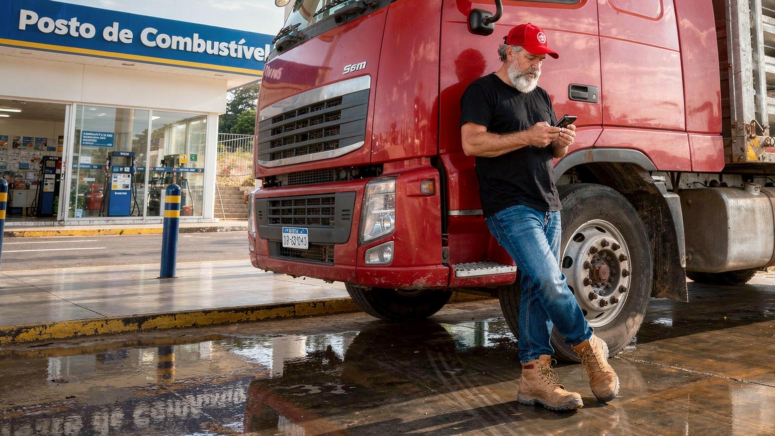 Caminhoneiro no posto checando o WhatsApp